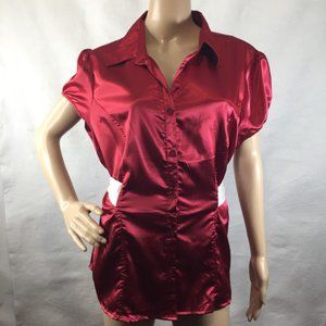 Antilia Femme Shirt Blouse Red Satin Tie Back Tee